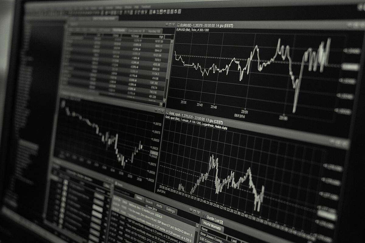 A wall of stock-market chart screens representing the data investors must filter for behavioural bias.